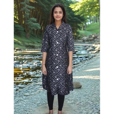Black Floral Printed Kurta with Adjustable Belt and Collar – Mocna