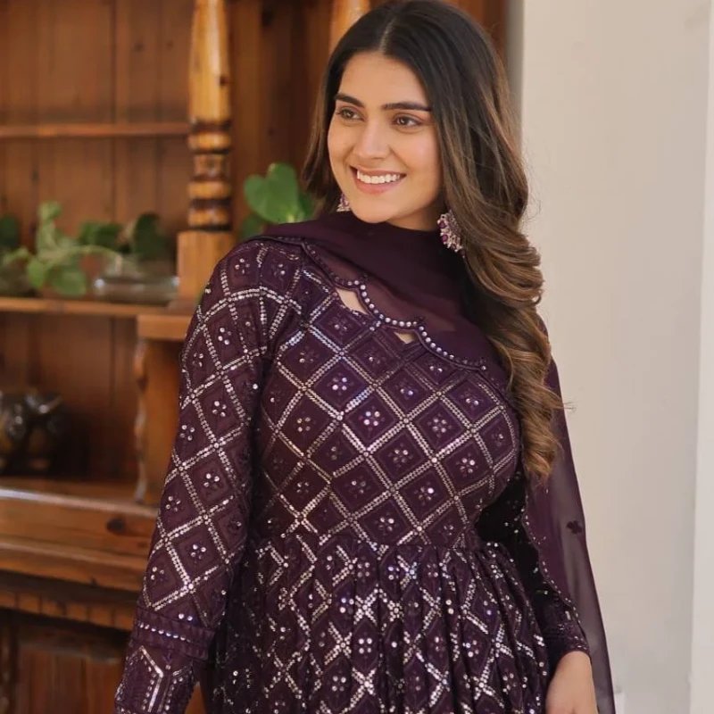 Anarkali Georgette Sequined Kurti with Dupatta – Mocna