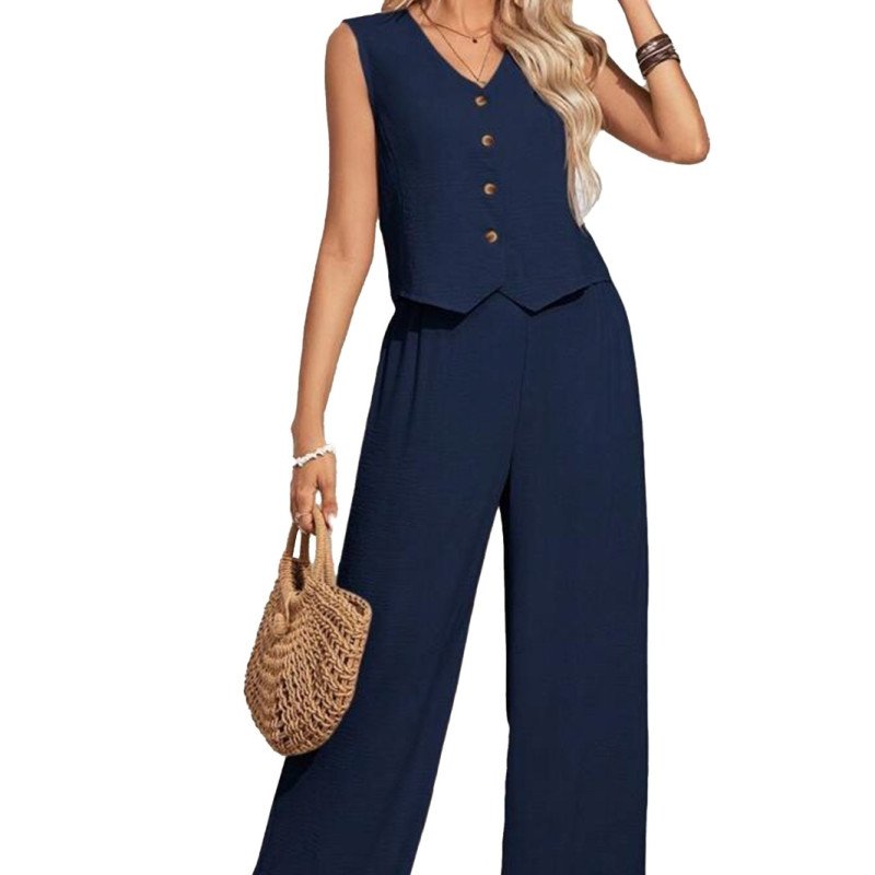 Slub Cotton Blue Sleeveless Top &amp; Pant Co-Ord Set- Mocna