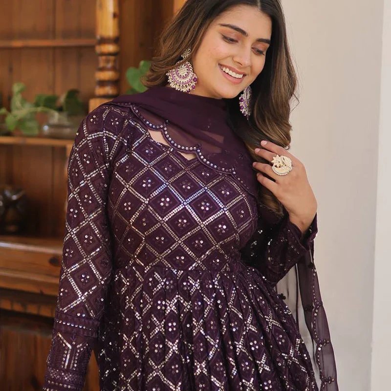 Anarkali Georgette Sequined Kurti with Dupatta – Mocna
