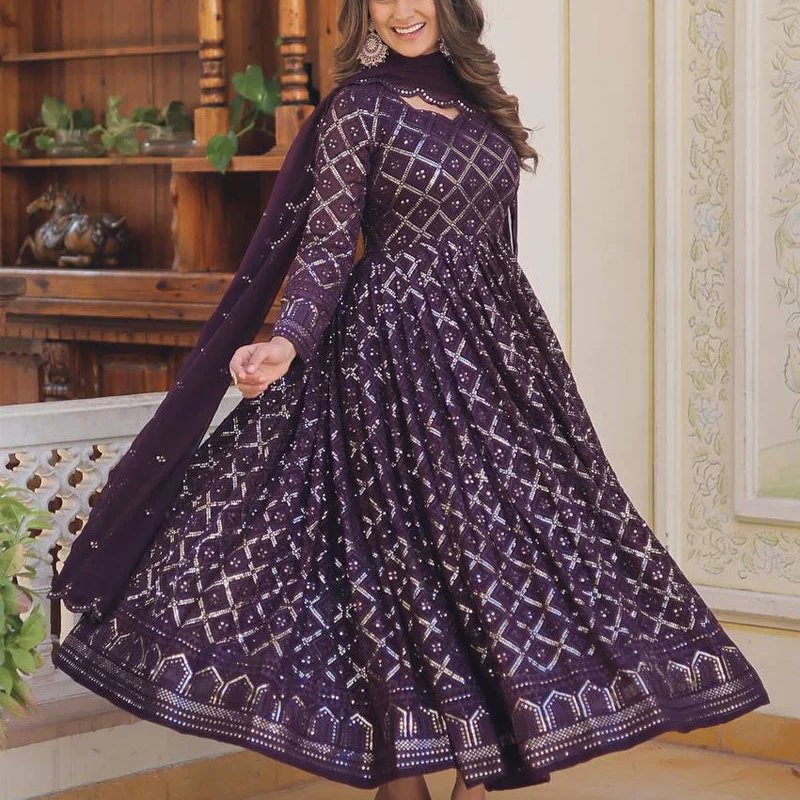 Anarkali Georgette Sequined Kurti with Dupatta – Mocna