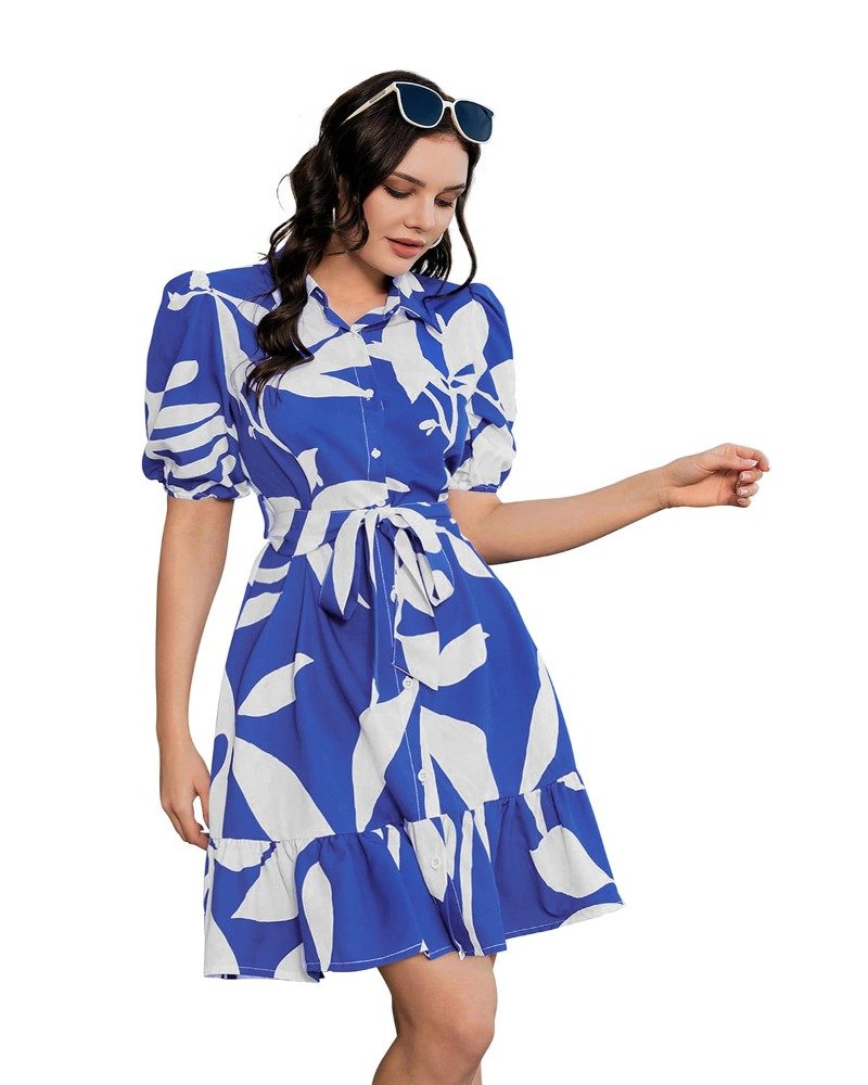 Blue Printed Slub Cotton Dress  - Mocna
