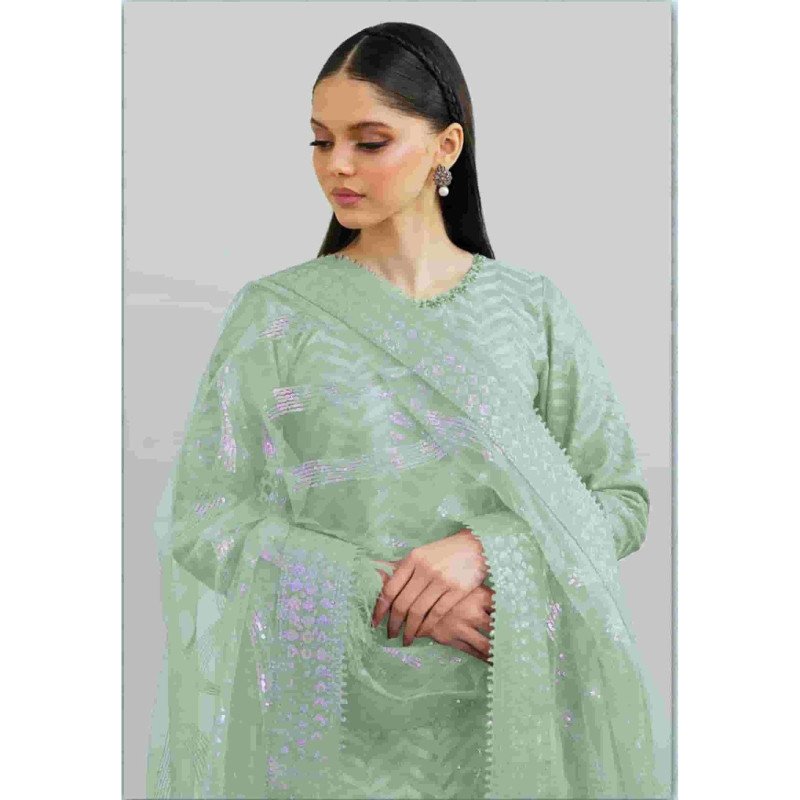 Light Green Fox Georgette Embroidered Pakistani Suit – Unstitched Dress Material for Women with Santoon Inner &amp; Dupatta" -Mocna