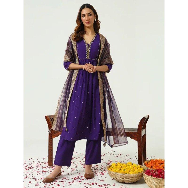 Royal Purple Kurta Set with Dupatta - Mocna