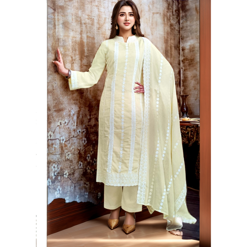 Light Yellow Embroidered Pure Cotton Dress Material Suit Set - Mocna