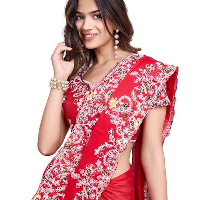 Bollywood Style Red Embroidered Georgette Saree- Mocna