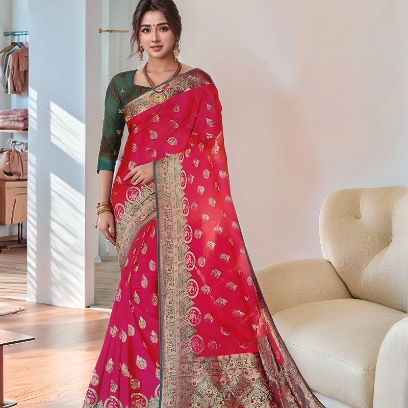 Red &amp; Green Soft Silk Saree with Elegant Weaving