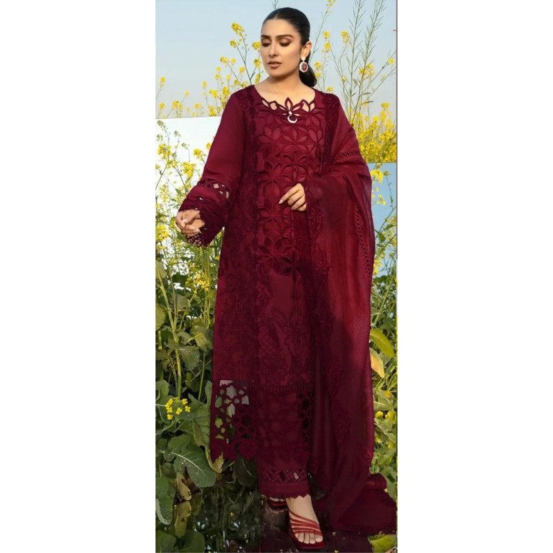 MAROON COTTON SEMI STICHED DRESS MATERIAL - MOCNA