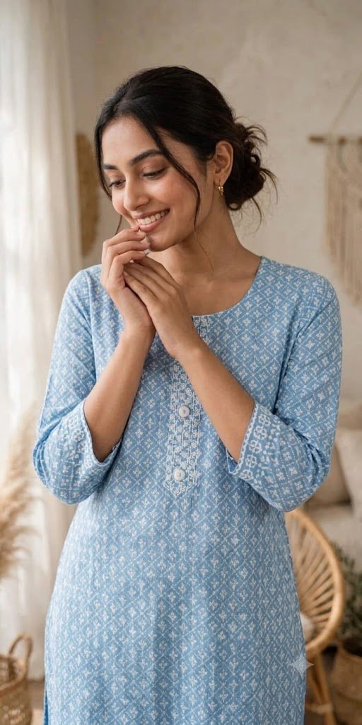 Sky Blue Cotton Floral Thread Work Kurta-mocna