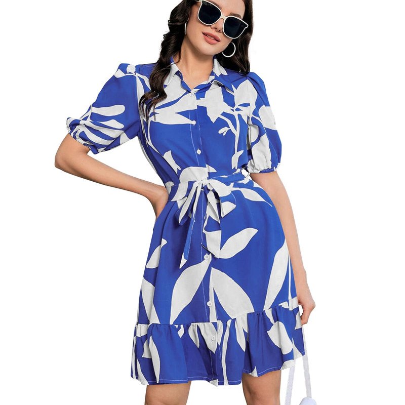 Blue Printed Slub Cotton Dress  - Mocna