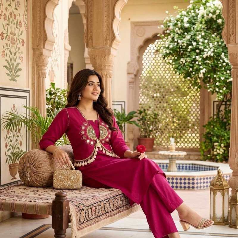 Magenta Rayon Kurta Pant Set with Embroidered Jacket-mocna
