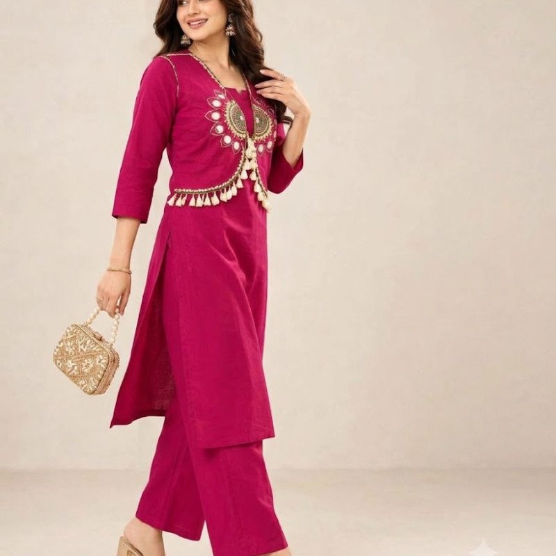 Magenta Rayon Kurta Pant Set with Embroidered Jacket-mocna