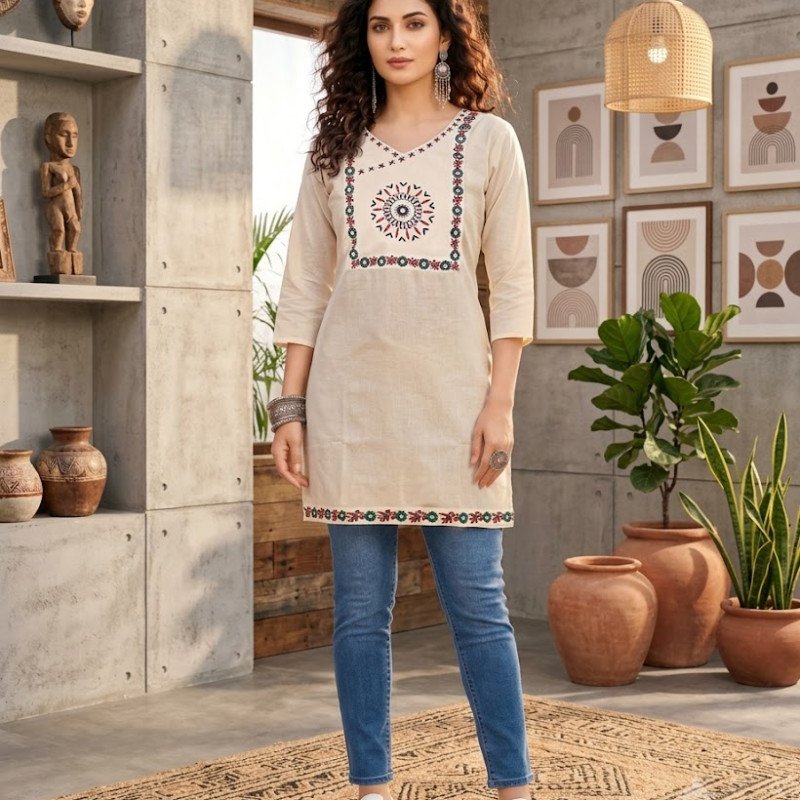 Khadi Cotton Embroidered Short Kurti - mocna