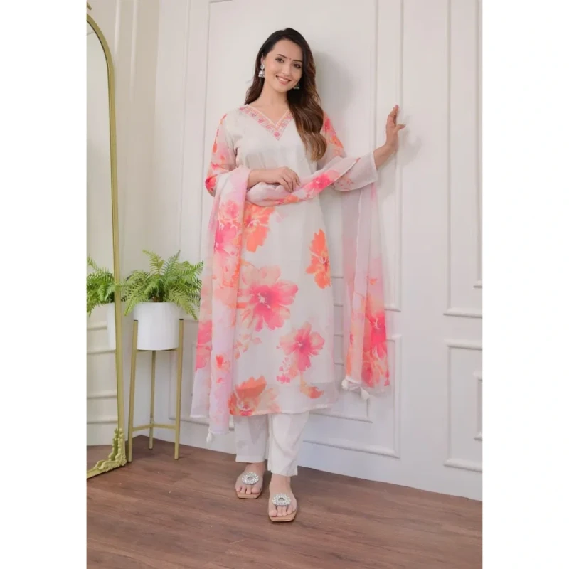 White Kurta Suit - Pink Flower Wisper - Mocna