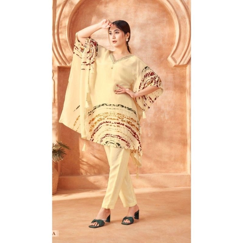 Elegant Pastel Yellow Crepe Kaftan Set for Women | Festive &amp; Party Wear – Mocna