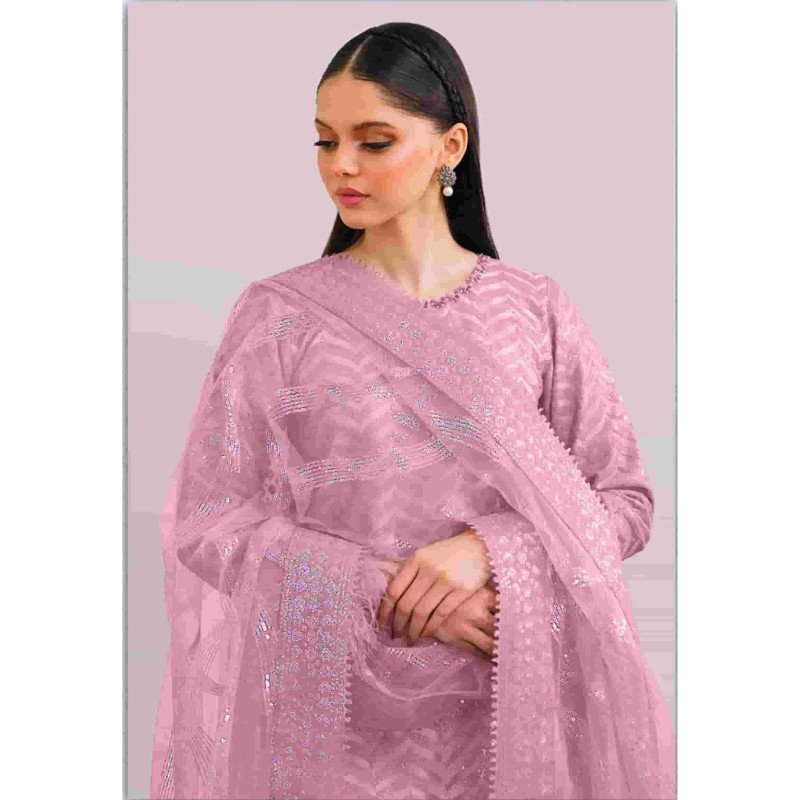 Pink Fox Georgette Embroidered Pakistani Suit – Unstitched Dress Material for Women with Santoon Inner &amp; Dupatta" -Mocna