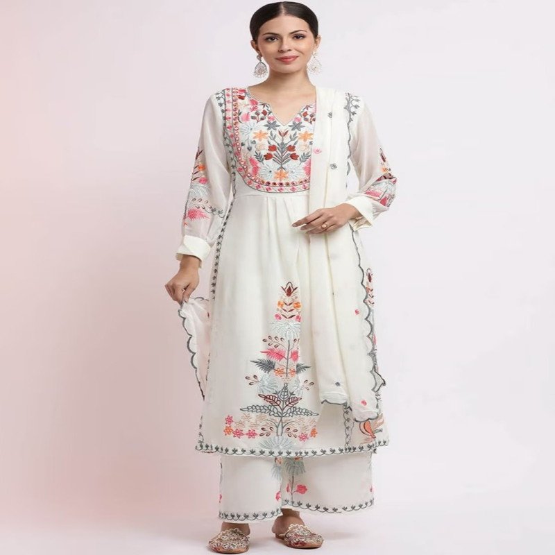 Jaipur Kurti Women White Kurta Palazzo Dupatta Set - Mocna