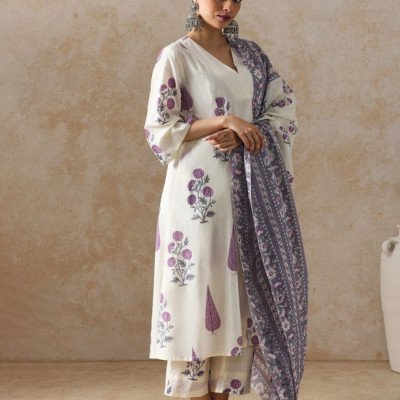 Navy Blue Cotton Blend Straight Kurta Pant Set for Women - Mocna