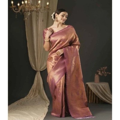 Apple Saree - Pink Metallic Gold Zari Woven Banarasi Silk Blend Saree -  Mocna