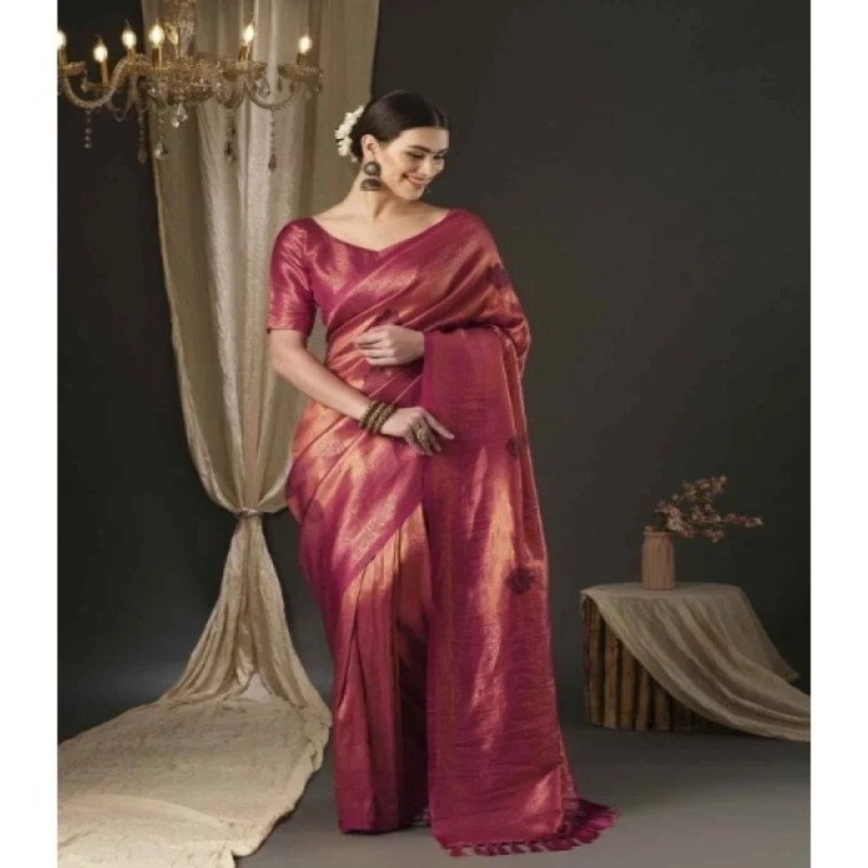 Apple Saree - Red &amp; Gold Ethnic Motif Woven Zari Banarasi Silk Blend Saree - Apple Saree - Mocna