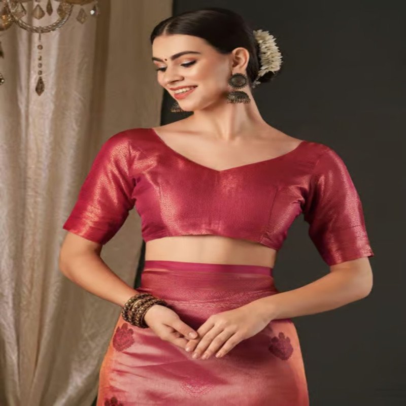 Apple Saree - Red &amp; Gold Ethnic Motif Woven Zari Banarasi Silk Blend Saree - Apple Saree - Mocna