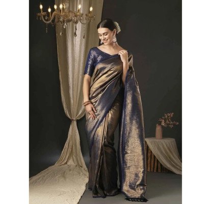 Apple Saree Royal Blue &amp; Gold Ethnic Motif Woven Zari Banarasi Silk Blend Saree - Mocna