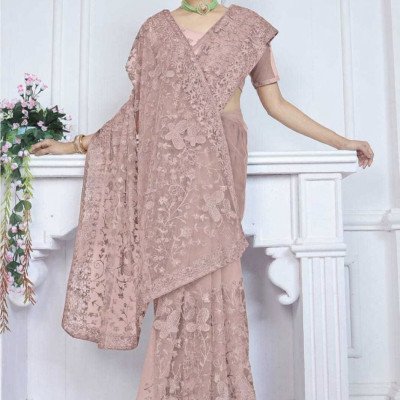 Blush Pink Floral Embroidered Net Saree – Designer Party Wear - Mocna