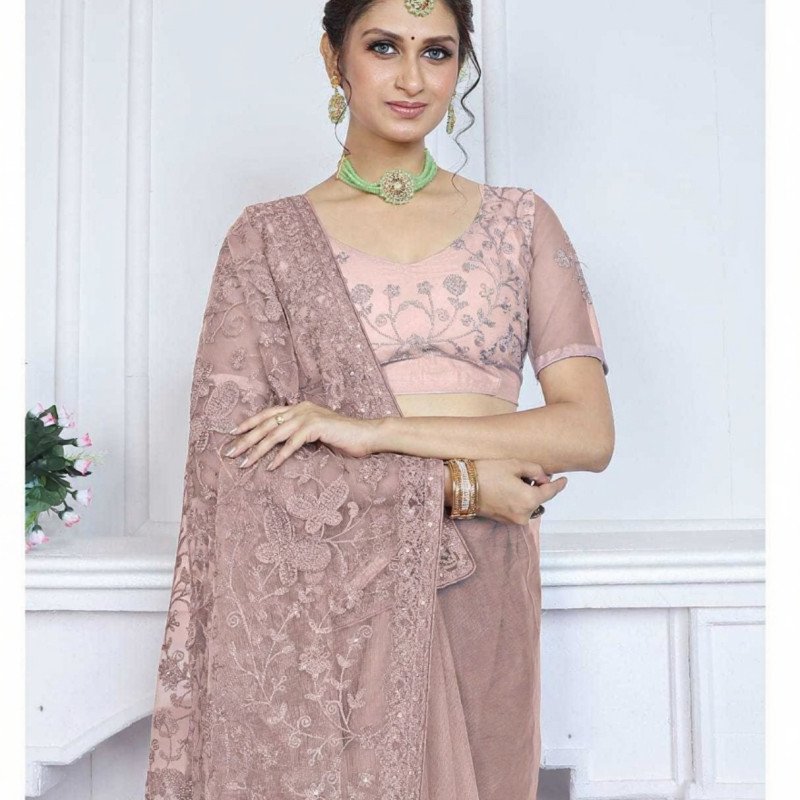 Blush Pink Floral Embroidered Net Saree – Designer Party Wear - Mocna