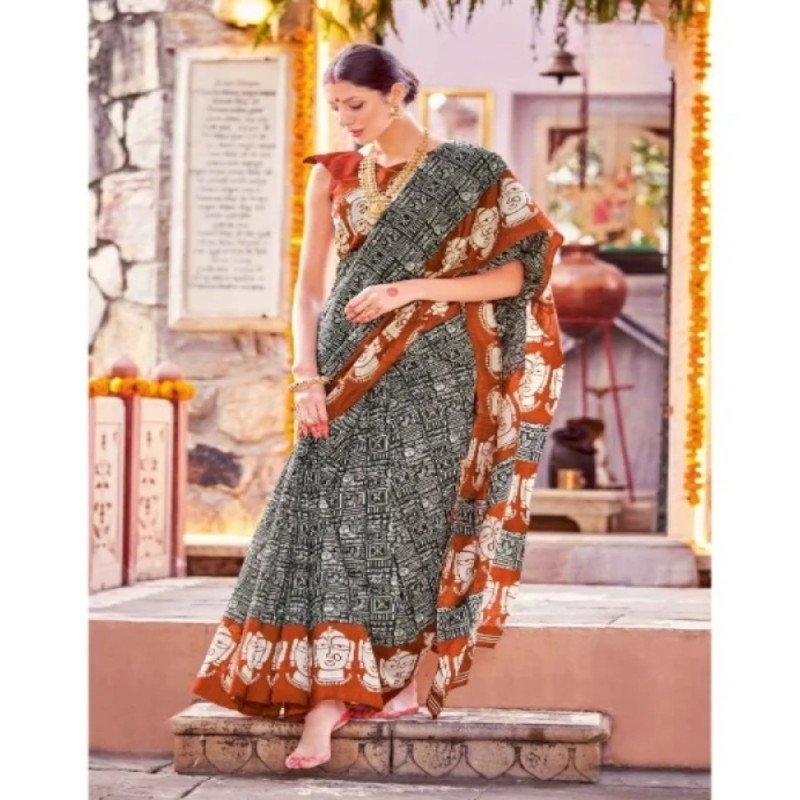 Apple Saree - Black &amp; White Ethnic Motif Bhagalpuri Saree - Mocna