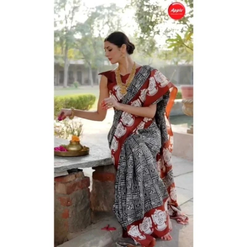 Apple Saree - Black &amp; White Ethnic Motif Bhagalpuri Saree - Mocna