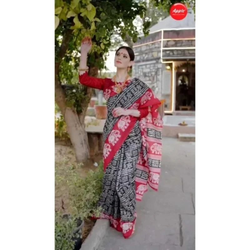 Apple Saree - Black &amp; Red Ethnic Bhagalpuri Saree -Mocna