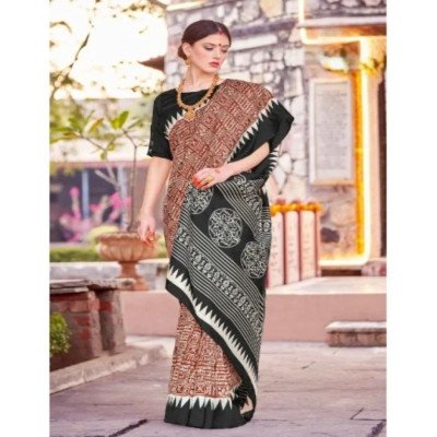 Apple Saree - Black &amp; Brown Geometric Printed Bhagalpuri Saree - Mocna