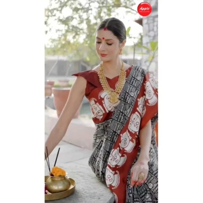 Apple Saree - Black &amp; White Ethnic Motif Bhagalpuri Saree - Mocna
