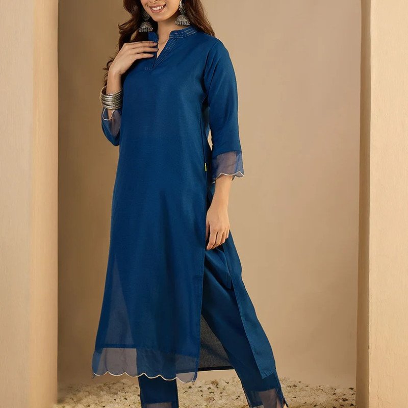 Navy Blue Cotton Blend Straight Kurta Pant Set for Women - Mocna