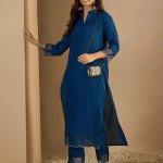 Navy Blue Cotton Blend Straight Kurta Pant Set for Women - Mocna
