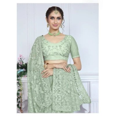 Elegant Floral Embroidered Net Saree – Green - Mocna