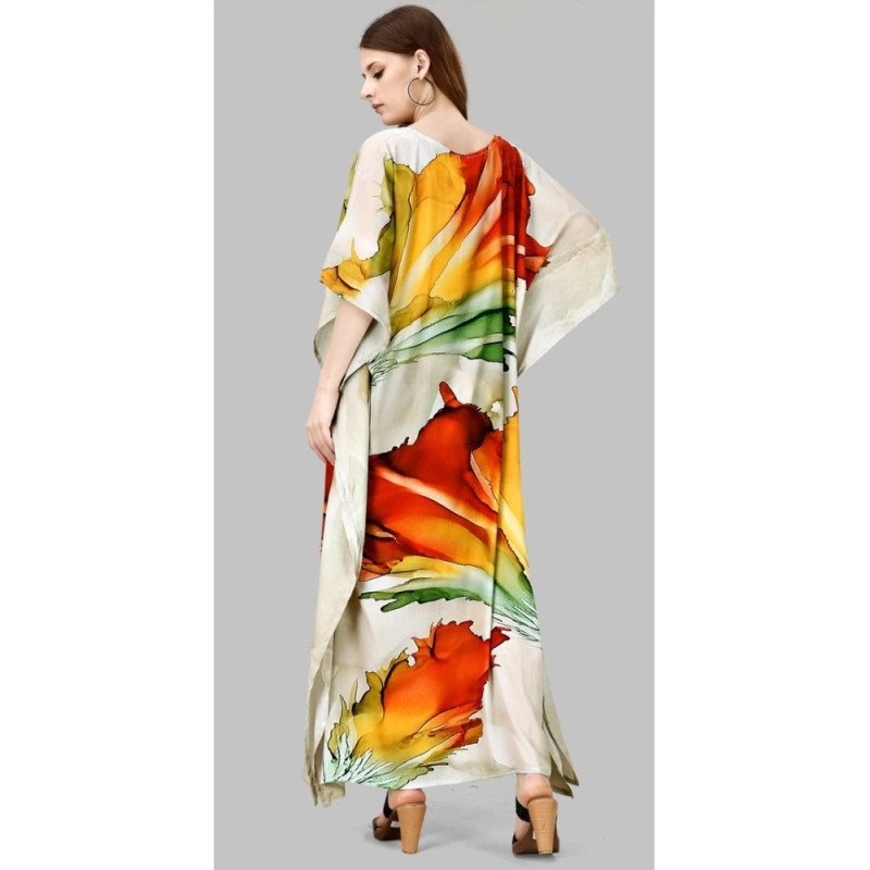Golden Sunset Floral Silk Kaftan With Digital Print (Free Size: M - 3XL) - MOCNA