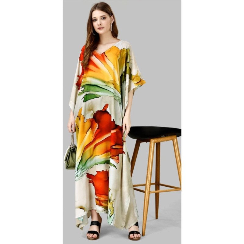 Golden Sunset Floral Silk Kaftan With Digital Print (Free Size: M - 3XL) - MOCNA