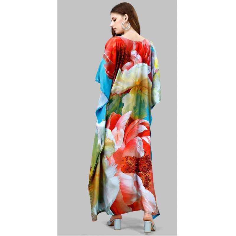 Multicolour Floral Silk Kaftan With Digital Print (Free Size: M - 3XL) - MOCNA