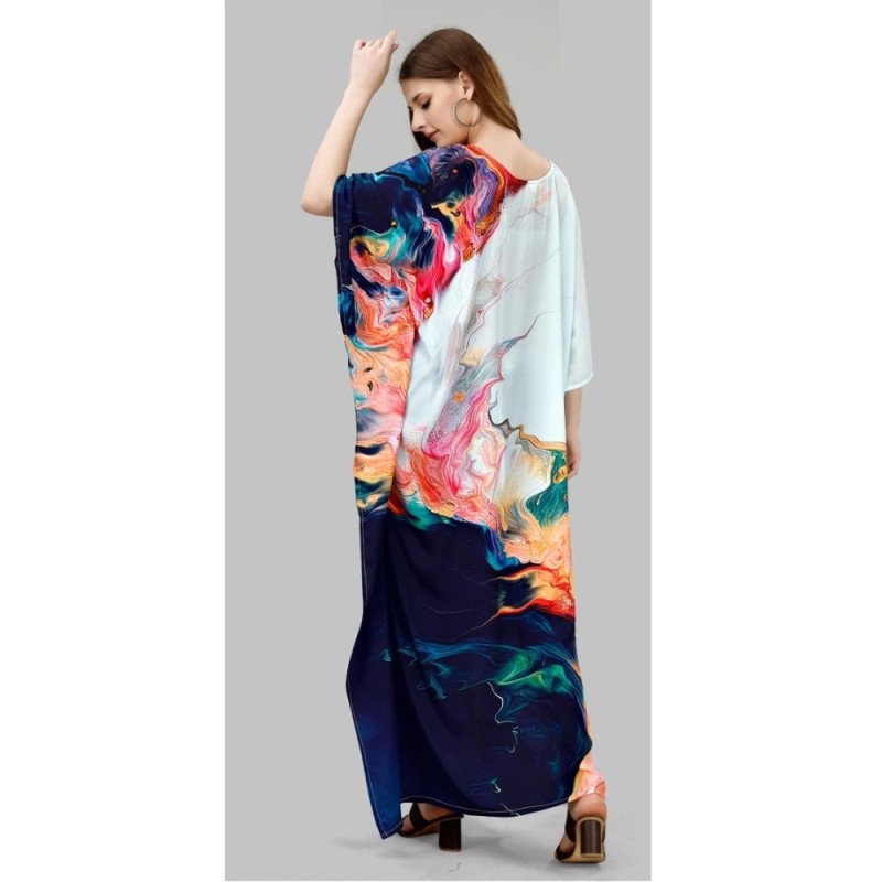 White Multicolour  Silk Kaftan With Digital Print (Free Size: M - 3XL) - MOCNA