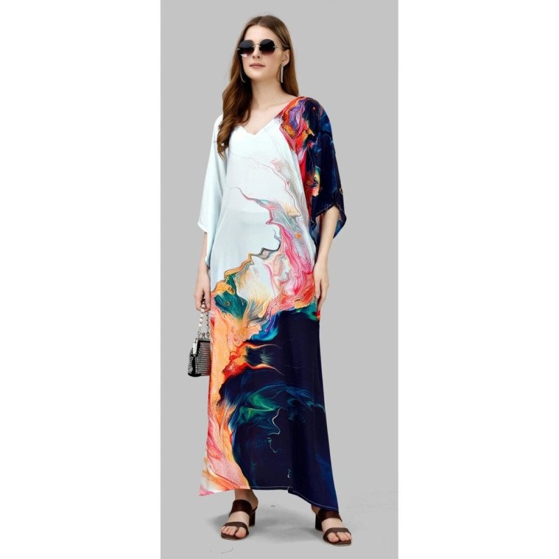 White Multicolour  Silk Kaftan With Digital Print (Free Size: M - 3XL) - MOCNA