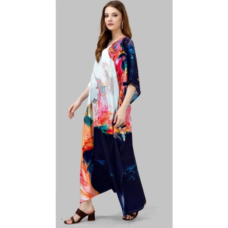 White Multicolour  Silk Kaftan With Digital Print (Free Size: M - 3XL) - MOCNA