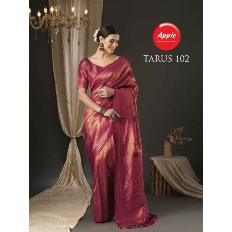 Apple Saree - Red &amp; Gold Ethnic Motif Woven Zari Banarasi Silk Blend Saree - Apple Saree - Mocna