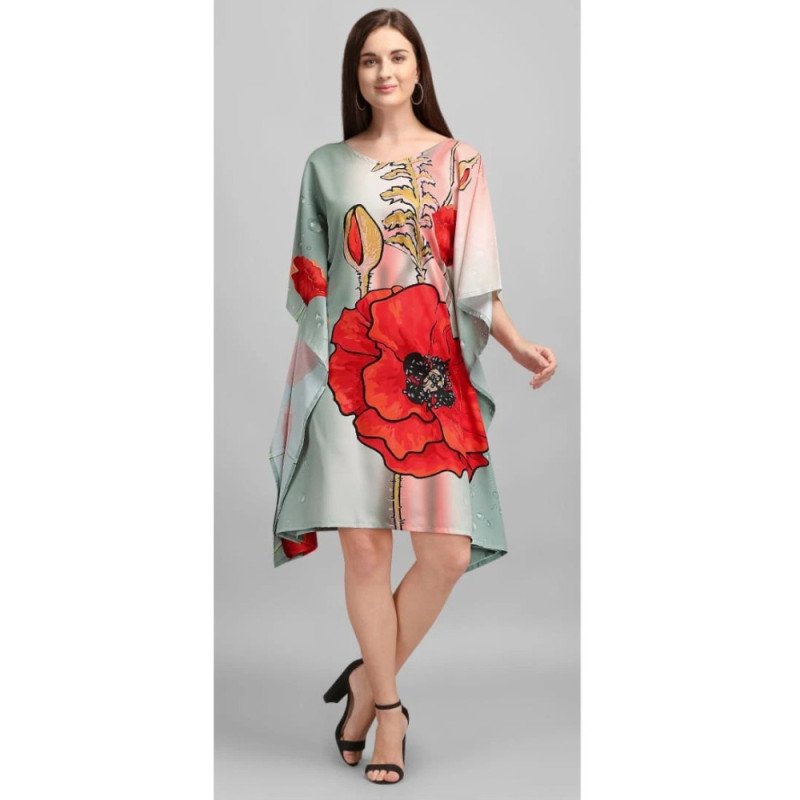Red Poppy Kaftan (Short) With Digital Print - MOCNA