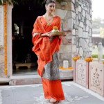 Apple Saree - Orange &amp; Black Bhagalpuri Saree - Mocna