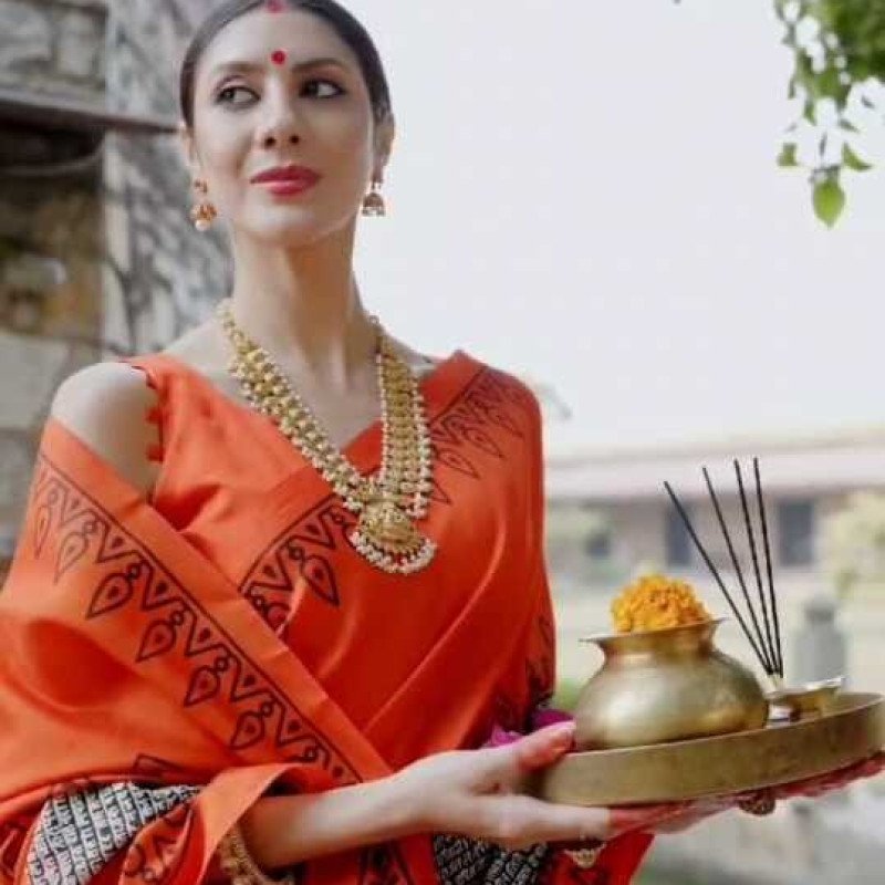 Apple Saree - Orange &amp; Black Bhagalpuri Saree - Mocna