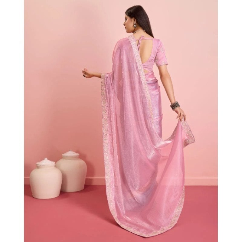 APPLE Pink Soft Silk Embroidered Saree with Contrast Border  Mocna