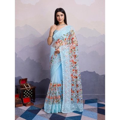 Sky Blue Floral Net Saree with Embroidery &amp; Blouse