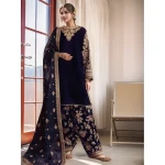 Navy Blue Velvet Embroidered Punjabi Suit with Dupatta