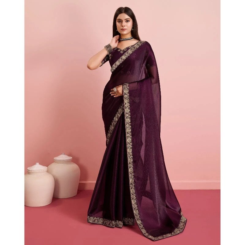 Apple Purple Soft Silk Embroidered Saree with Contrast Border - Mocna